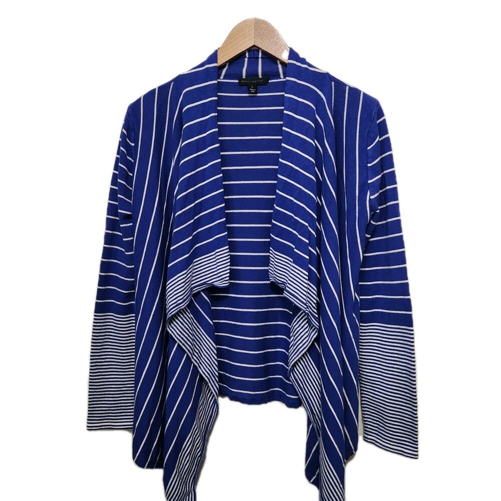 Willi Smith Open Waterfall Cardigan Womens L Sweater Blue White Stripe Long Slv